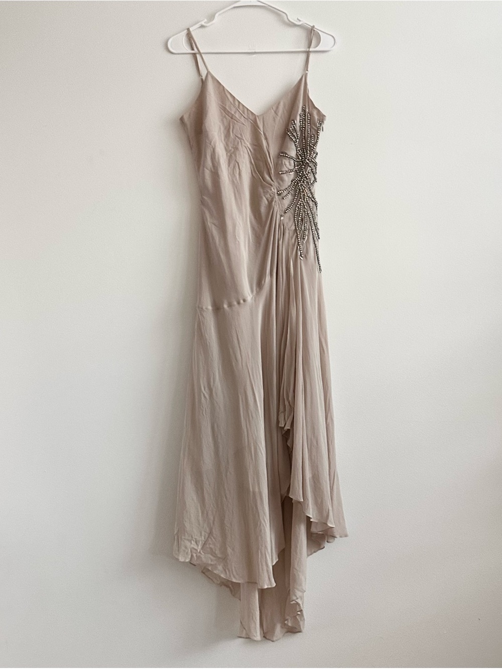 Marks & Spencer Beige Silk Handkerchief Hem Beaded Maxi Dress